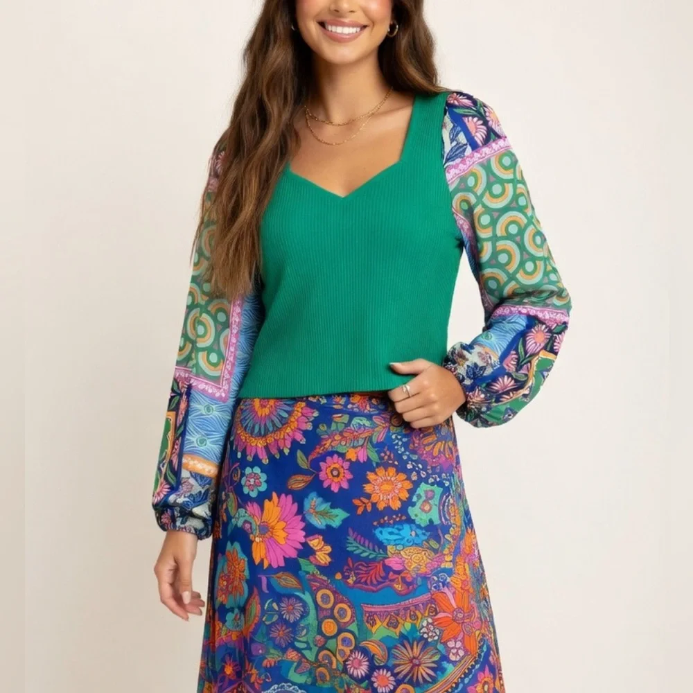 Bailey 44 Green Ribbed Knit Boho Satin Ballon Sleeves Top sz XL - Picture 12 of 12